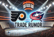 Philadelphia Flyers and Columbus Blue Jackets logos with the words trade rumor below the logos