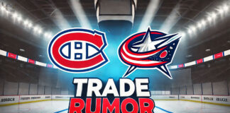 Montreal Canadiens and Columbus Blue Jackets rumors with the words trade rumor below the logos
