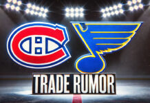 Montreal Canadiens and St. Louis Blues logo with the words trade rumor below the logos