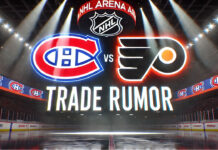 Montreal Canadiens and Philadelphia Flyers logos with the words trade rumor below the logos
