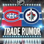 Could Rutger McGroarty Be Montreal-Bound? Analyzing the Trade Rumors A widescreen image featuring the Montreal Canadiens logo and Winnipeg Jets logo with the words 'TRADE RUMOR' below the logos. The background is an NHL arena without spotlights highlighting the logos.