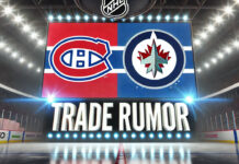 A widescreen image featuring the Montreal Canadiens logo and Winnipeg Jets logo with the words 'TRADE RUMOR' below the logos. The background is an NHL arena without spotlights highlighting the logos.