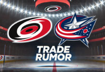 Columbus Blue Jackets and Carolina Hurricanes logos with the words trade rumor below the logos