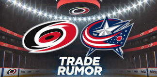 Columbus Blue Jackets and Carolina Hurricanes logos with the words trade rumor below the logos