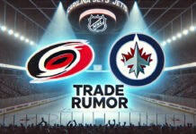Carolina Hurricanes and Winnipeg Jets logo with the words trade rumor below the logos