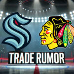 Blackhawks Eyeing Shane Wright: Could a Blockbuster Trade Be Brewing? Seattle Kraken and Chicago Blackhawks logos with the words trade rumor under the logos
