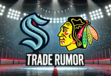 Seattle Kraken and Chicago Blackhawks logos with the words trade rumor under the logos