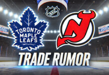 Toronto Maple Leafs and New Jersey Devils logo with the words trade rumor below the logo