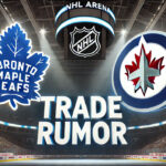 Image of an NHL arena with spotlights on the Toronto Maple Leafs logo and the Winnipeg Jets logo. Below the logos, the words 'Trade Rumor' are prominently displayed.