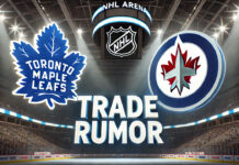 Image of an NHL arena with spotlights on the Toronto Maple Leafs logo and the Winnipeg Jets logo. Below the logos, the words 'Trade Rumor' are prominently displayed.
