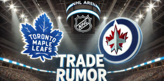 Image of an NHL arena with spotlights on the Toronto Maple Leafs logo and the Winnipeg Jets logo. Below the logos, the words 'Trade Rumor' are prominently displayed.