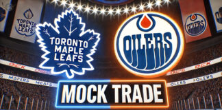 Toronto Maple Leafs and Edmonton Oilers logo with the words mock trade below the logos