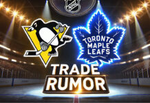Pittsburgh Penguins and Toronto Maple Leafs logos with the words trade rumor below the logos