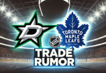Dallas Stars and Toronto Maple Leafs logo with the wordd NHL trade rumor below the logos