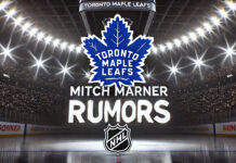 Toronto Maple Leafs logo with the words Mitch Marner rumors below the logo