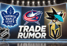 Toronto Maple Leafs, Columbus Blue Jackets, San Jose Sharks and Vegas Golden Knights logos with the words trade rumor below the logos