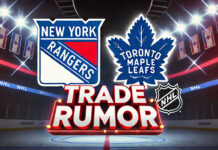 New York Rangers and Toronto Maple Leafs logos with the words trade rumor below the logos