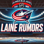 Blue Jackets Eye Future Assets in Patrik Laine Trade Talks Columbus Blue Jackets logo with the words Laine rumors below the logo