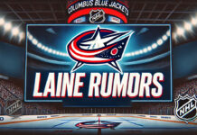 Columbus Blue Jackets logo with the words Laine rumors below the logo