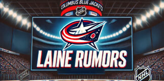 Columbus Blue Jackets logo with the words Laine rumors below the logo