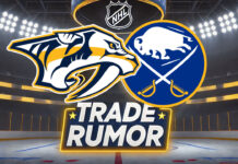 Nashville Predators and Buffalo Sabres logos with the words trade rumor below the logos