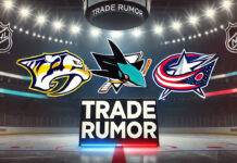 Nashville Predators, San Jose Sharks, Columbus Blue Jackets logos with the words trade rumor below the logos