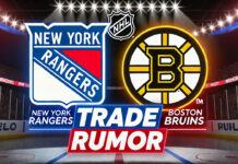 New York Rangers and Boston Bruins logo with the the words trade rumor below the logo