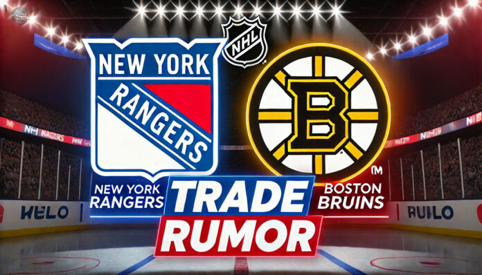 New York Rangers and Boston Bruins logo with the the words trade rumor below the logo