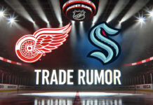Detroit Red Wings and Seattle kraken logos with the words trade rumor below the logos