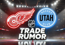 Detroit Red Wings and Utah Hockey Club logos with the words trade rumor below the logos