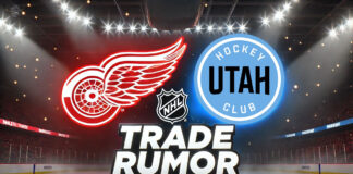 Detroit Red Wings and Utah Hockey Club logos with the words trade rumor below the logos
