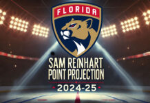 Florida Panthers logo with the words Sam Reinhart point projection 2024-25 below the logo