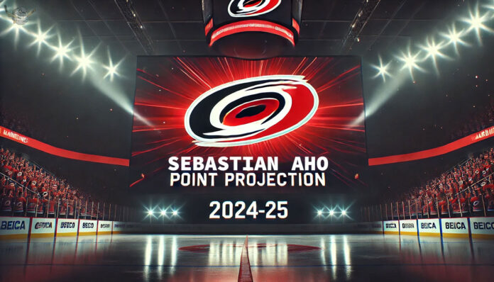 Sebastian Aho Projections for 2024-2025 Carolina Hurricanes logo with the words Sebastian Aho Point Projection 2024-25