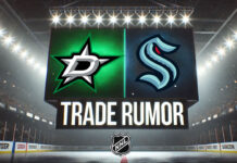 Dallas Stars and Seattle Kraken logos with the words trade rumor below the logo