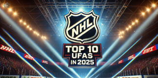 NHL logo with the words top 10 UFAs in 2025