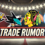 3 Potential Landing Spots for Tristan Jarry in 2024 Pittsburgh Penguins, San Jose Sharks, Chicago Blackhawks, Utah Hockey club logos with the words trade rumor below the logos
