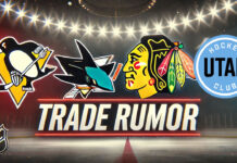 Pittsburgh Penguins, San Jose Sharks, Chicago Blackhawks, Utah Hockey club logos with the words trade rumor below the logos