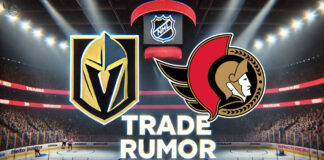 Vegas Golden Knights and Ottawa Senators logos with the words trade rumor below the logos