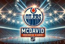 Edmonton Oilers logo with the words McDavid rookie card below the logo