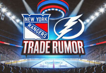 New York Rangers and Tampa Bay Lightning Lightning logos with the words trade rumor below the logos