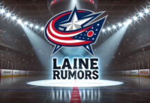 Columbus Blue Jackets logo with the words Laine rumors below the logo
