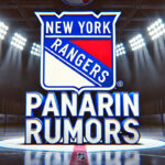 NY Rangers Explore Trading Artemi Panarin Amidst Cap Concerns New York Rangers logo with the words Panarin rumors below the logo