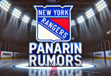 New York Rangers logo with the words Panarin rumors below the logo