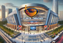 NHL expansion arena with the Atlanta Thrashers logo and name on the front of the arena