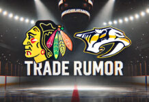 Chicago Blackhawks and Nashville Predators logos with the words trade rumor below the logos