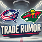 Is Patrik Laine Headed to Minnesota? Wild Trade Rumors Swirl Columbus Blue Jackets, Minnesota Wild logos with the words trade rumor below the logo