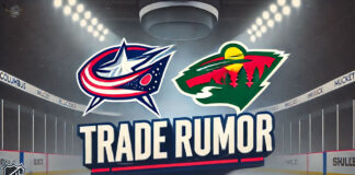 Columbus Blue Jackets, Minnesota Wild logos with the words trade rumor below the logo