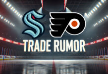 Seattle Kraken and Philadelphia Flyers logo with the words trade rumor below the logo