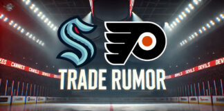 Seattle Kraken and Philadelphia Flyers logo with the words trade rumor below the logo