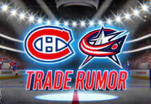 Montreal Canadiens and Columbus Blue Jackets logos with the words trade rumor below the logos